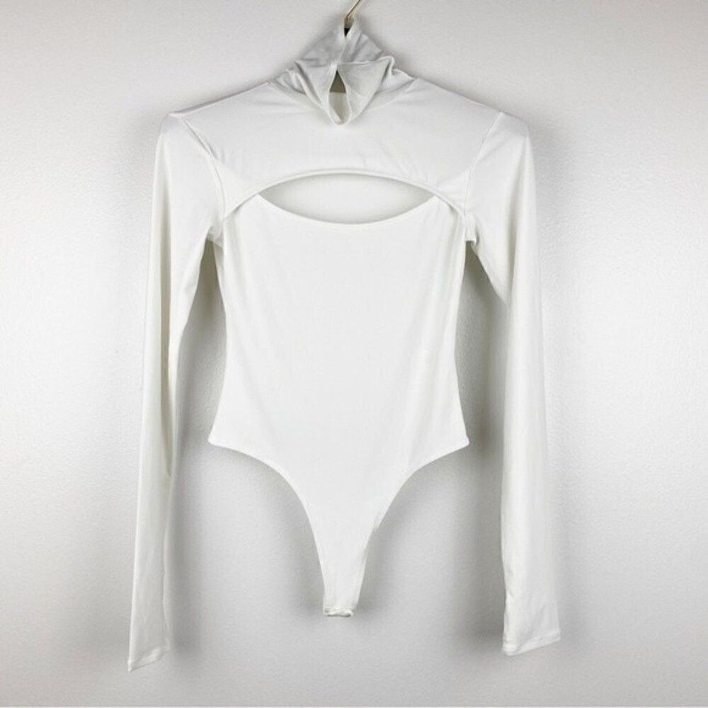 Open Edit Ivory Cut Out Front Long Sleeves Turtleneck Thong Bodysuit Size XS